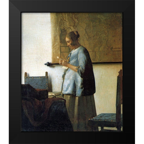 Lady In Blue Black Modern Wood Framed Art Print by Vermeer, Johannes