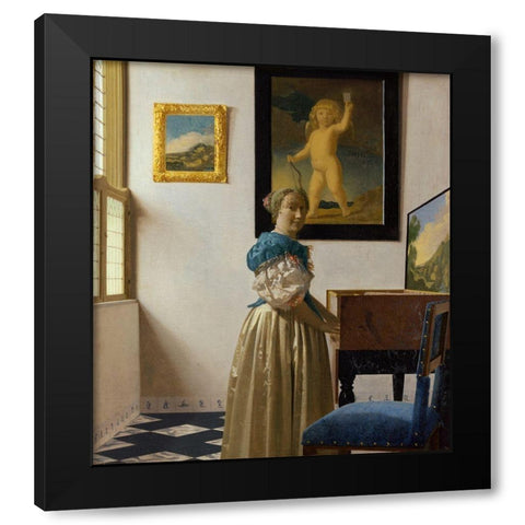Lady Standing At A Virginal Black Modern Wood Framed Art Print by Vermeer, Johannes