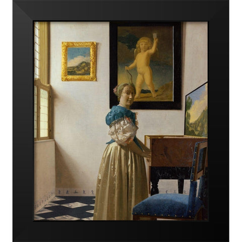 Lady Standing At A Virginal Black Modern Wood Framed Art Print by Vermeer, Johannes