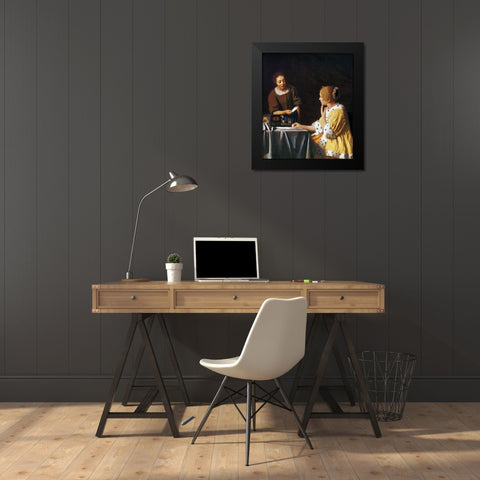 Lady With A Maidservant Holding A Letter Black Modern Wood Framed Art Print by Vermeer, Johannes