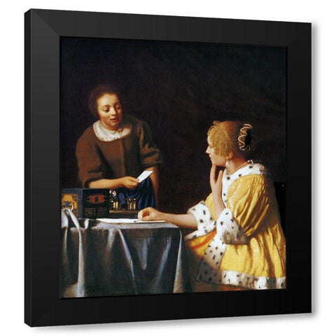 Lady With A Maidservant Holding A Letter Black Modern Wood Framed Art Print by Vermeer, Johannes