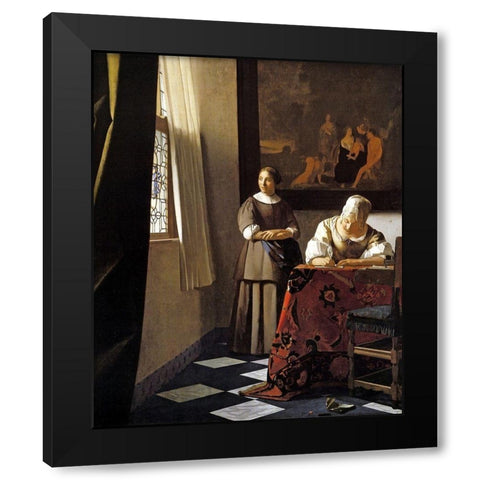 Lady Writing A Letter With Her Maid Black Modern Wood Framed Art Print with Double Matting by Vermeer, Johannes