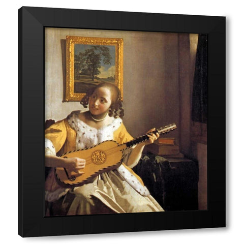 The Guitar Player Black Modern Wood Framed Art Print by Vermeer, Johannes