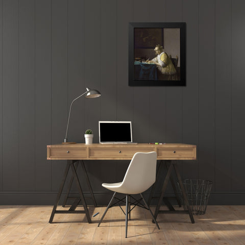 Writing Lady In Yellow Jacket Black Modern Wood Framed Art Print by Vermeer, Johannes