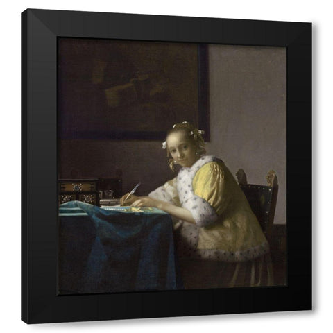 Writing Lady In Yellow Jacket Black Modern Wood Framed Art Print by Vermeer, Johannes