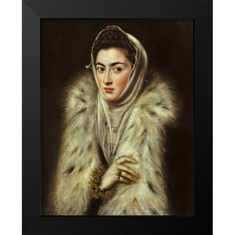 A Lady In A Fur Wrap Black Modern Wood Framed Art Print by El Greco