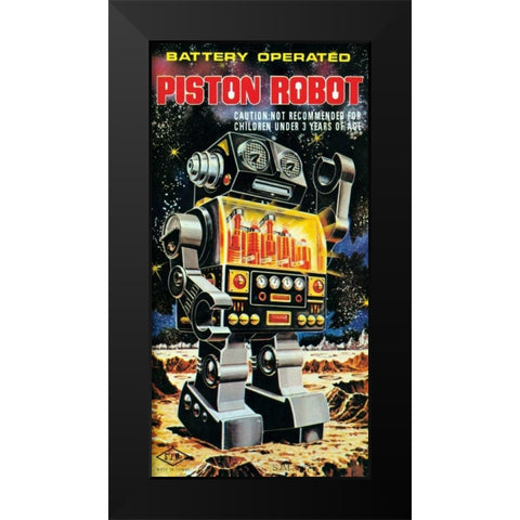 Battery Operated Piston Robot Black Modern Wood Framed Art Print by Retrobot