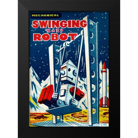 Swinging Baby Robot Black Modern Wood Framed Art Print by Retrobot