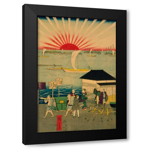 Famous places in Tokyo: real view of Takanawa #2 Featuring the Rising Sun. Black Modern Wood Framed Art Print by Hiroshige, Utagawa