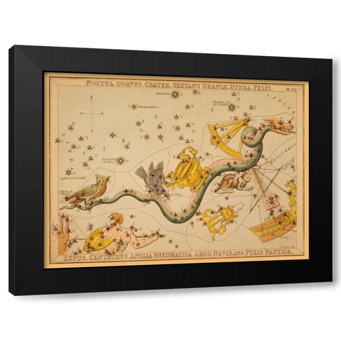 Noctua, Corvus, Crater, Sextans Uraniae, Hydra, Felis, Lupus, Centaurus, Antlia Pneumatica, Argo Nav Black Modern Wood Framed Art Print by Aspin, Jehoshaphat