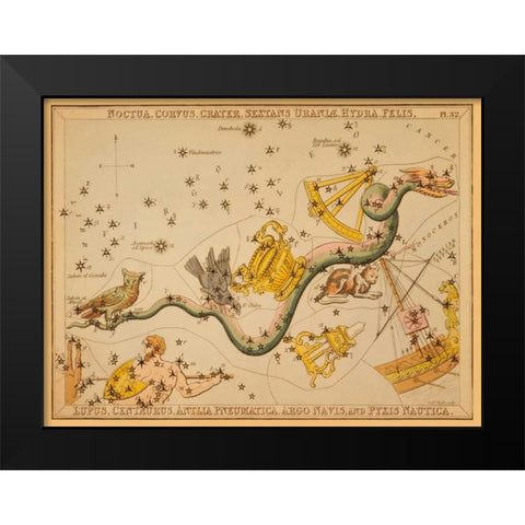 Noctua, Corvus, Crater, Sextans Uraniae, Hydra, Felis, Lupus, Centaurus, Antlia Pneumatica, Argo Nav Black Modern Wood Framed Art Print by Aspin, Jehoshaphat