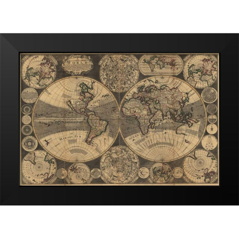 World Map with Planets Black Modern Wood Framed Art Print by Godson, W.
