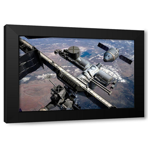 Orion Preparing to Dock with ISS, Project Constellation Black Modern Wood Framed Art Print by NASA