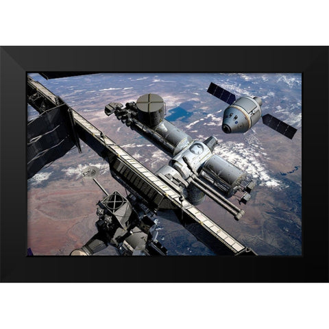 Orion Preparing to Dock with ISS, Project Constellation Black Modern Wood Framed Art Print by NASA