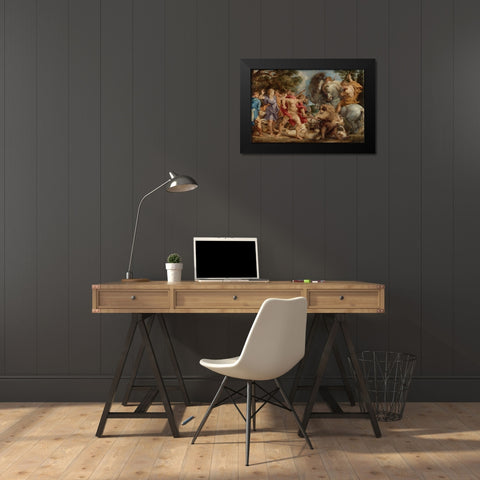 The Calydonian Boar Hunt Black Modern Wood Framed Art Print by Rubens, Peter Paul