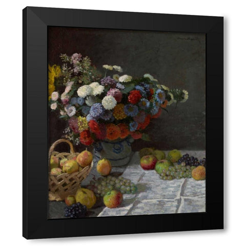 Still Life with Flowers and Fruit Black Modern Wood Framed Art Print with Double Matting by Monet, Claude