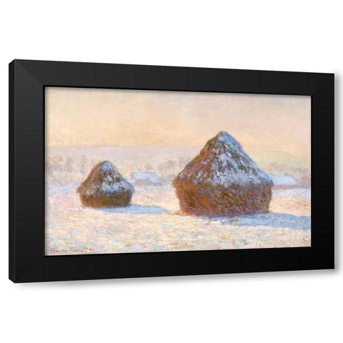 Wheatstacks, Snow Effect, Morning - Meules, Effet de Neige, Le Matin Black Modern Wood Framed Art Print with Double Matting by Monet, Claude
