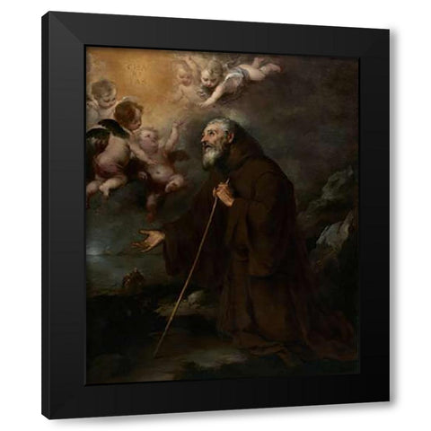 The Vision of Saint Francis of Paola Black Modern Wood Framed Art Print with Double Matting by Murillo, Bartolome Esteban