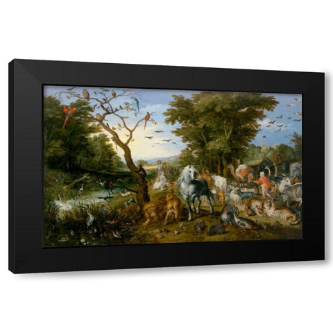 The Entry of the Animals into Noahs Ark Black Modern Wood Framed Art Print with Double Matting by Jan Brueghel the Elder