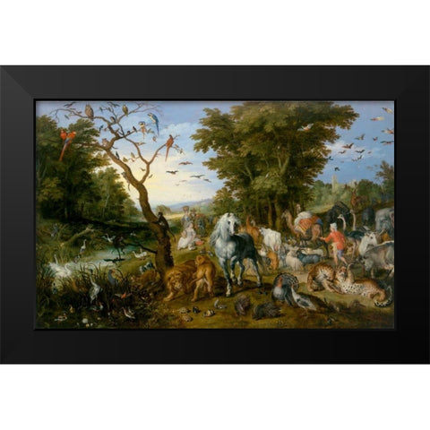 The Entry of the Animals into Noahs Ark Black Modern Wood Framed Art Print by Jan Brueghel the Elder
