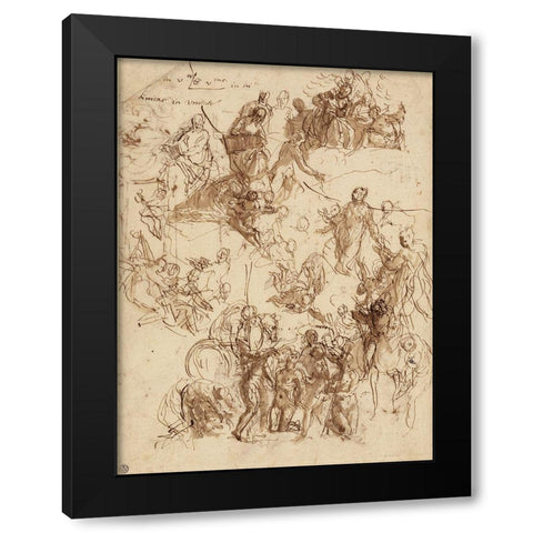 Sheet of Studies for The Martyrdom of Saint George Black Modern Wood Framed Art Print by Veronese, Paolo