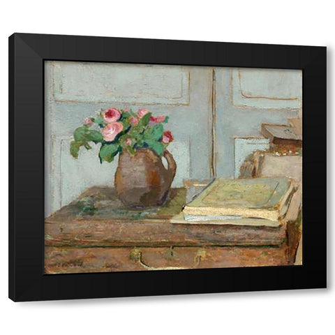The Artists Paint Box and Moss Roses, 1898 Black Modern Wood Framed Art Print with Double Matting by Vuillard, Edouard