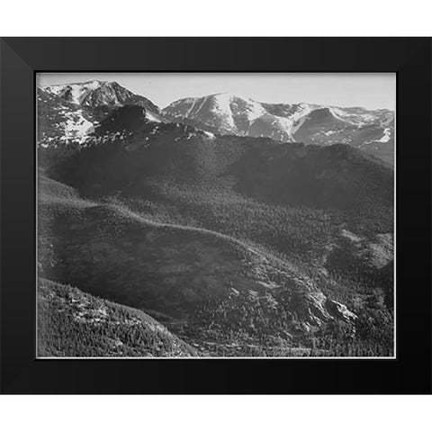 View of wooded hills with mountains in background, in Rocky Mountain National Park, Colorado, ca. 19 Black Modern Wood Framed Art Print by Adams, Ansel
