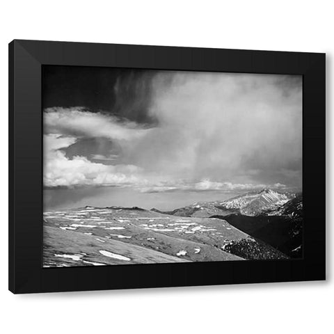 Mountain tops, low horizen, low hanging clouds, in Rocky Mountain National Park, Colorado, ca. 1941- Black Modern Wood Framed Art Print by Adams, Ansel