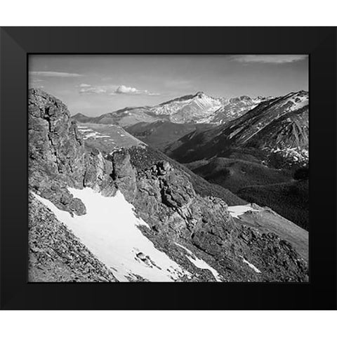 View of barren mountains with snow, in Rocky Mountain National Park, Colorado, ca. 1941-1942 Black Modern Wood Framed Art Print by Adams, Ansel