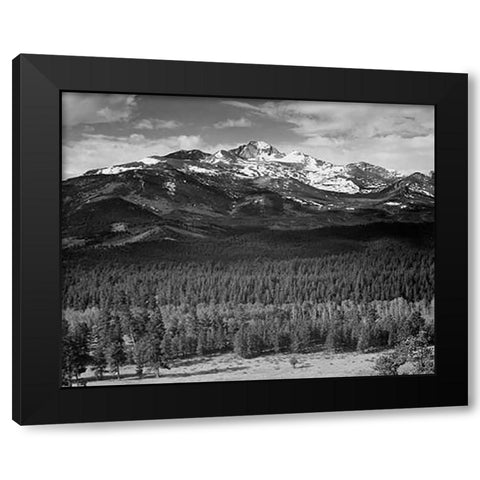 Trees in foreground, snow covered mountain in background, in Rocky Mountain National Park, Colorado, Black Modern Wood Framed Art Print by Adams, Ansel