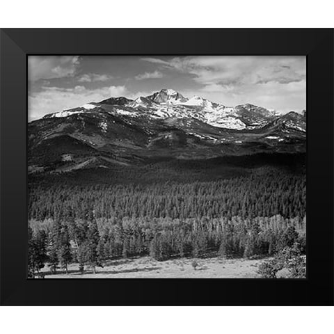 Trees in foreground, snow covered mountain in background, in Rocky Mountain National Park, Colorado, Black Modern Wood Framed Art Print by Adams, Ansel