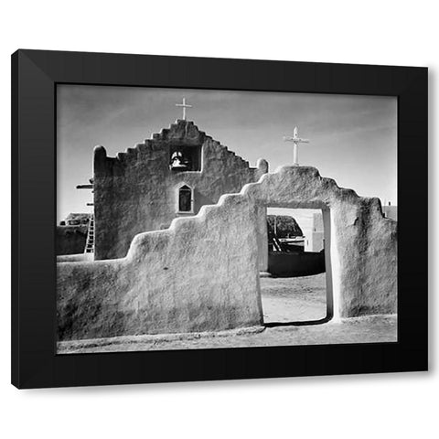 Full side view of entrance with gate to the right, Church, Taos Pueblo National Historic Landmark, N Black Modern Wood Framed Art Print by Adams, Ansel