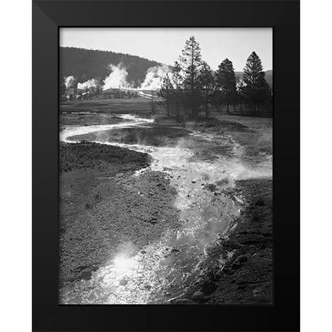Stream winding back toward geyser, Central Geyser Basin, Yellowstone National Park, Wyoming, ca. 194 Black Modern Wood Framed Art Print by Adams, Ansel