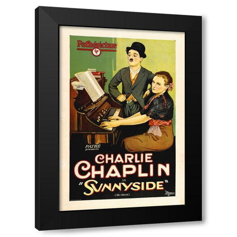 Chaplin, Charlie, Sunnyside etched stone print Black Modern Wood Framed Art Print by Hollywood Photo Archive