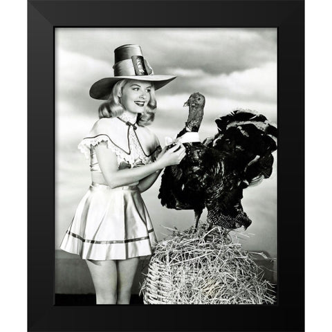 Doris Day with a Thanksgiving Turkey Black Modern Wood Framed Art Print by Hollywood Photo Archive