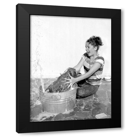 Elizabeth Taylor washing a dog Black Modern Wood Framed Art Print with Double Matting by Hollywood Photo Archive