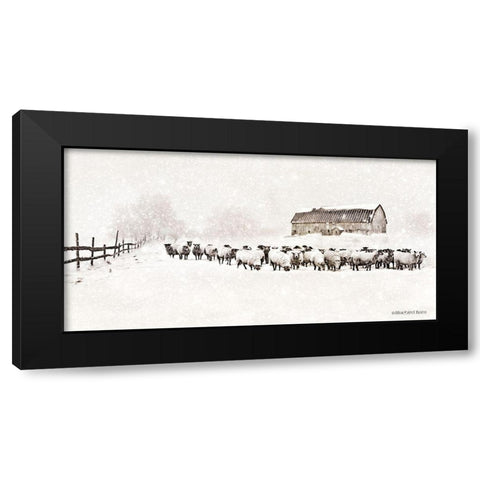 Warm Winter Barn with Sheep Herd Black Modern Wood Framed Art Print by Bluebird Barn