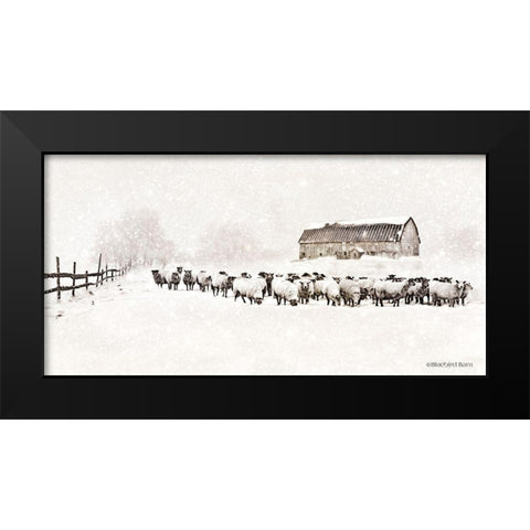 Warm Winter Barn with Sheep Herd Black Modern Wood Framed Art Print by Bluebird Barn