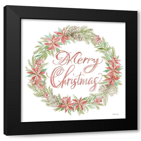 Merry Christmas Poinsettia Wreath Black Modern Wood Framed Art Print with Double Matting by Jacobs, Cindy