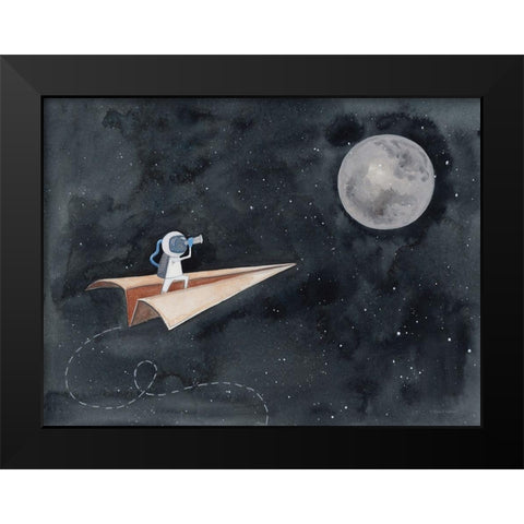 Paper Airplane to the Moon Black Modern Wood Framed Art Print by Nieman, Rachel