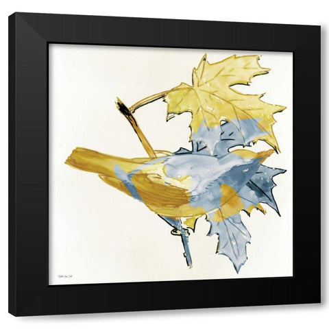 Blue and Gold Bird Black Modern Wood Framed Art Print with Double Matting by Stellar Design Studio