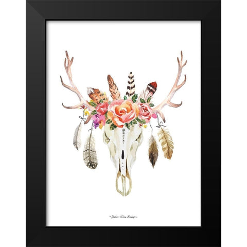 Boho Floral Feather Skull Black Modern Wood Framed Art Print by Seven Trees Design