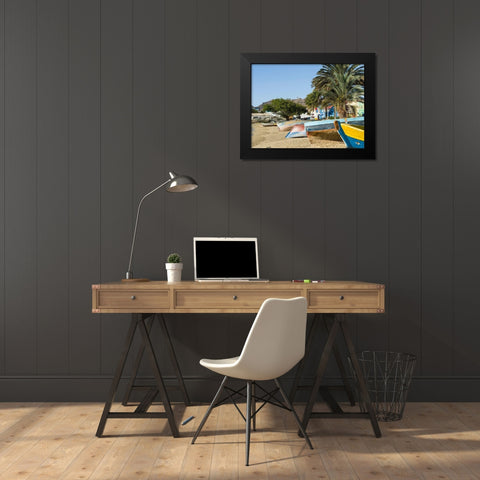 Traditional fishing boats on the beach of the harbor City Mindelo-a seaport Africa Black Modern Wood Framed Art Print by Zwick, Martin