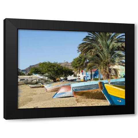 Traditional fishing boats on the beach of the harbor City Mindelo-a seaport Africa Black Modern Wood Framed Art Print by Zwick, Martin