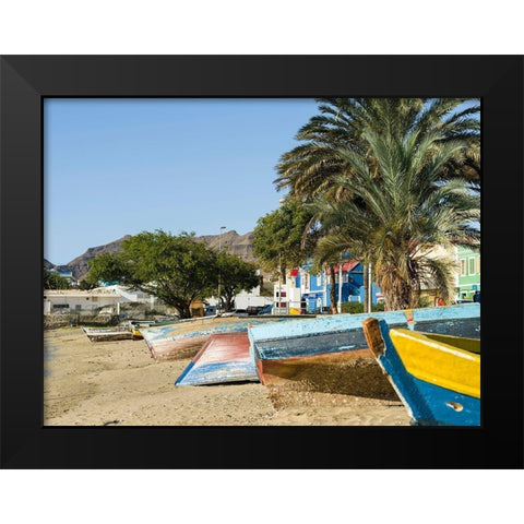 Traditional fishing boats on the beach of the harbor City Mindelo-a seaport Africa Black Modern Wood Framed Art Print by Zwick, Martin