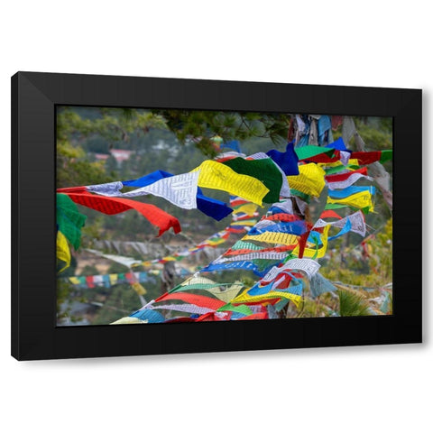 Bhutan-Thimphu Colorful prayer flags on mountain top at the Sangaygang Geodetic Station Black Modern Wood Framed Art Print with Double Matting by Hopkins, Cindy Miller