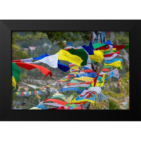 Bhutan-Thimphu Colorful prayer flags on mountain top at the Sangaygang Geodetic Station Black Modern Wood Framed Art Print by Hopkins, Cindy Miller