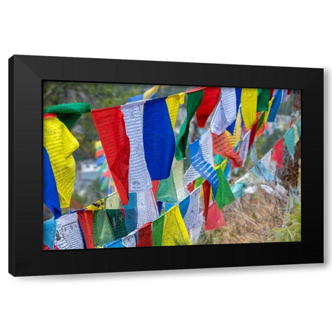 Bhutan-Thimphu Colorful prayer flags on mountain top at the Sangaygang Geodetic Station Black Modern Wood Framed Art Print with Double Matting by Hopkins, Cindy Miller