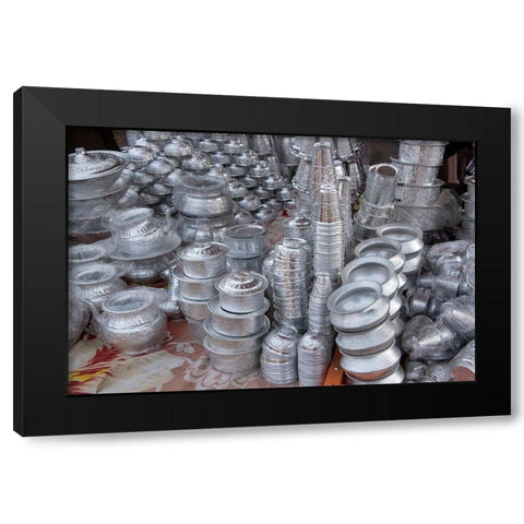 India-Delhi-Old Delhi Aluminum vendor-detail of goods for sale Black Modern Wood Framed Art Print by Hopkins, Cindy Miller