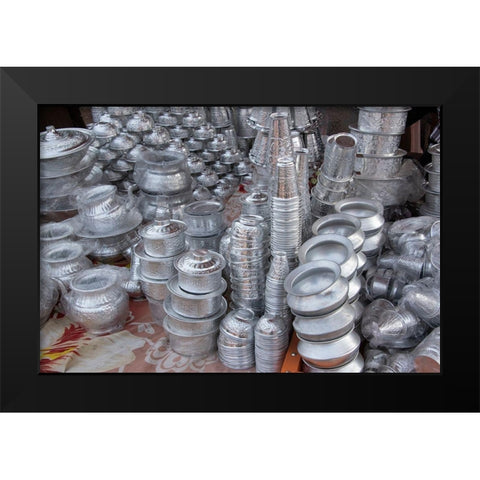 India-Delhi-Old Delhi Aluminum vendor-detail of goods for sale Black Modern Wood Framed Art Print by Hopkins, Cindy Miller